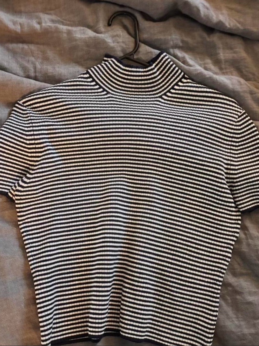 Vintage Silk Striped Short-Sleeve Mock Neck Top — Black & White